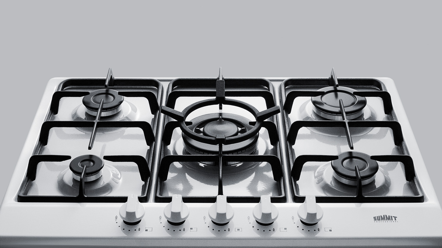 5-burner gas cooktop made in Italy in a white finish with sealed burners, cast iron grates, and wok stand; fits standard 24